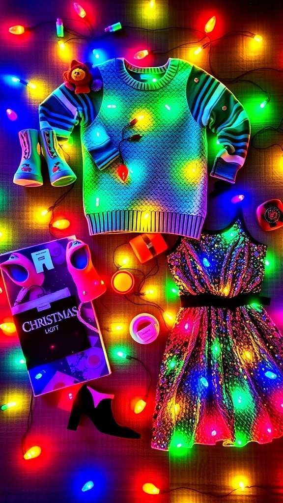 A collection of Christmas outfits inspired by lights, including a light-up sweater and a sequined dress.
